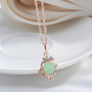 Colar Feminino Cobre Jade Triangular Moldura Floral Zircônia Verde Menta Ouro Rosé 585